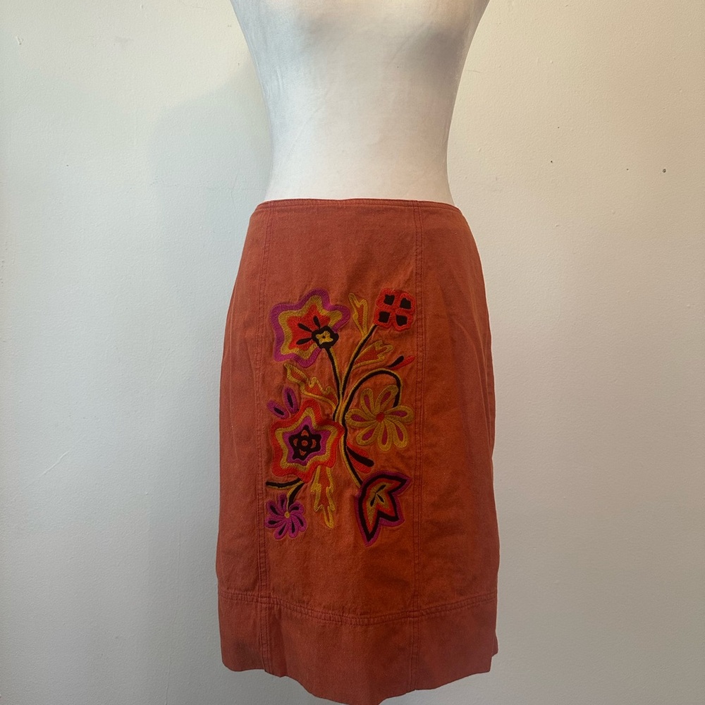 F.L. Malik Vintage Embroidered Floral Orange Midi Skirt